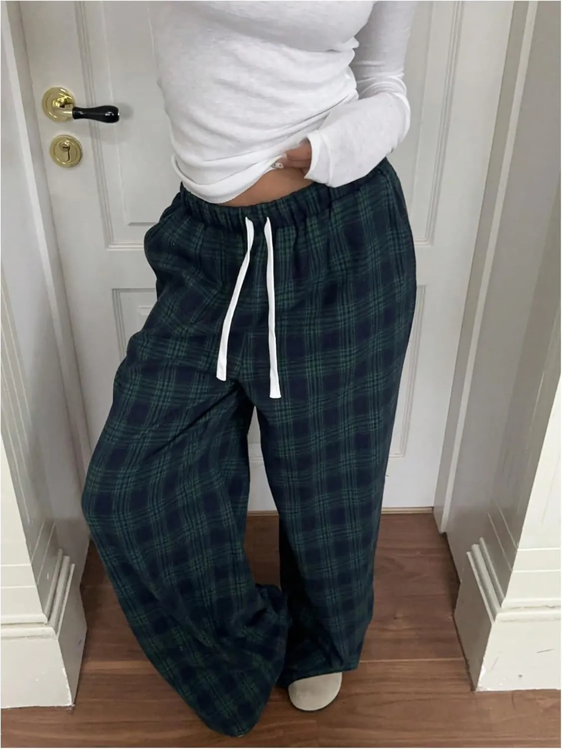 GORGLITTER Women's Plaid Wide Leg Pajama Pants Drawstring Elastic High Waisted Comfy Causal Lounge Trousers