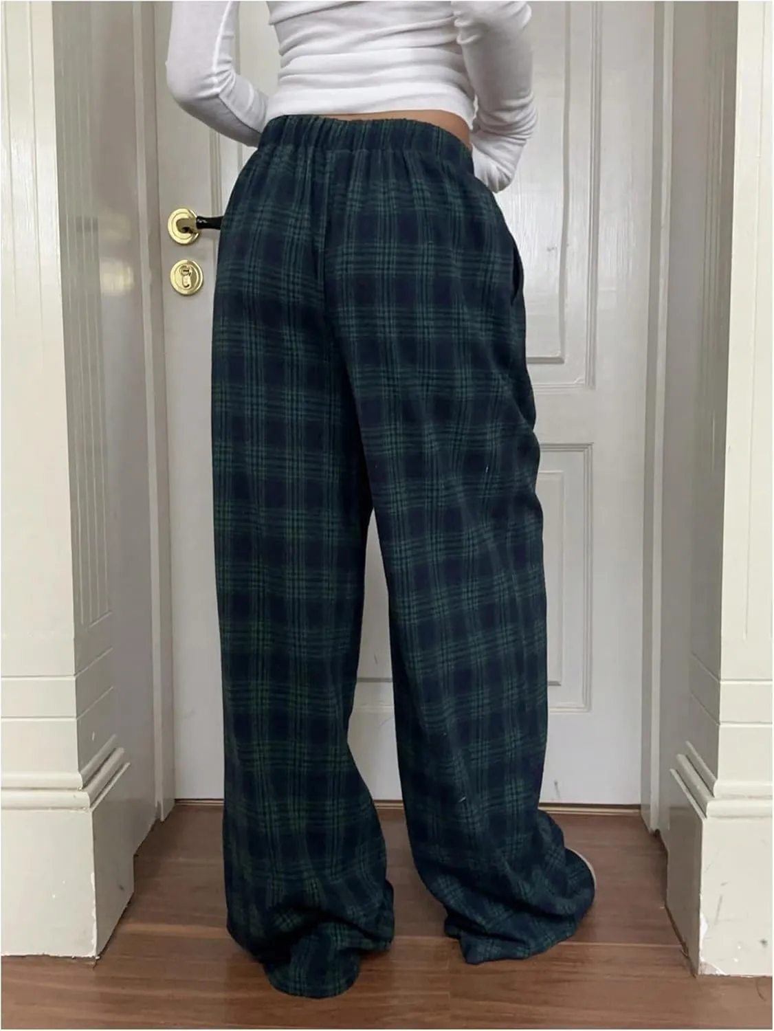 GORGLITTER Women's Plaid Wide Leg Pajama Pants Drawstring Elastic High Waisted Comfy Causal Lounge Trousers