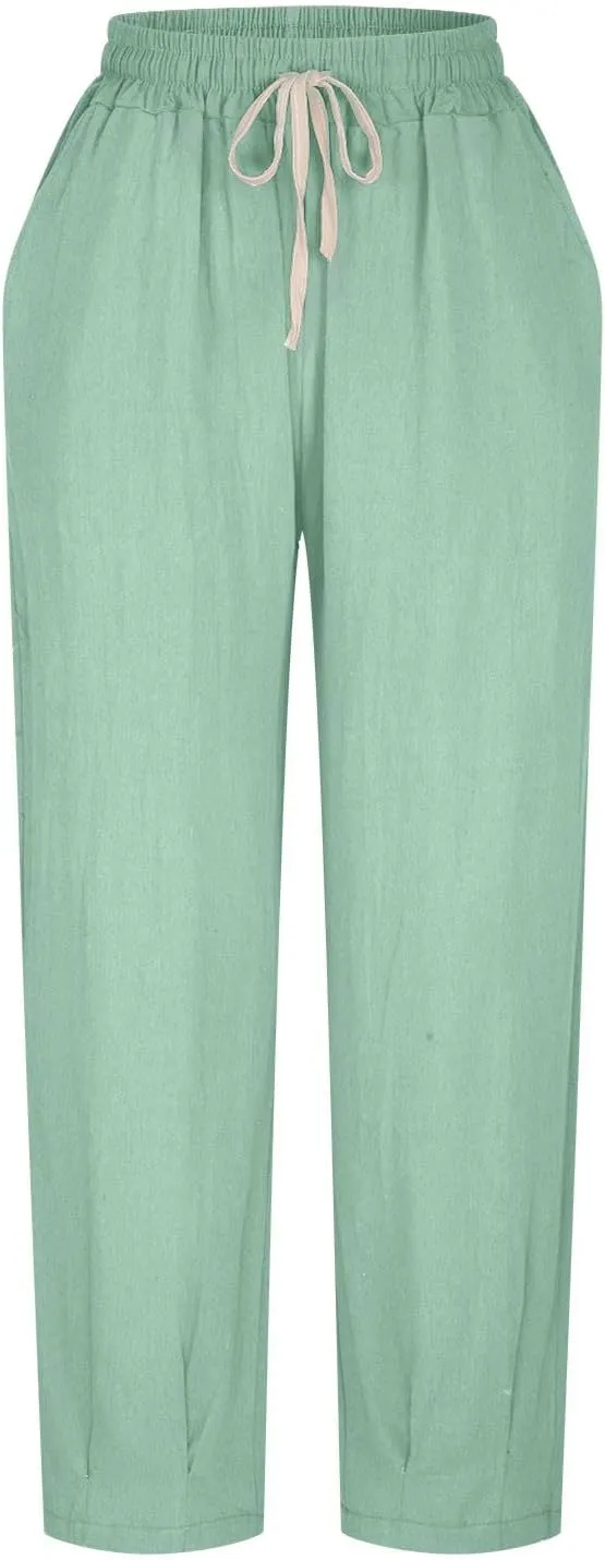 HGps8w Plus Size Linen Pants for Women Casual Loose Wide Leg High Waisted Pants Comfy Solid Trousers with Pockets