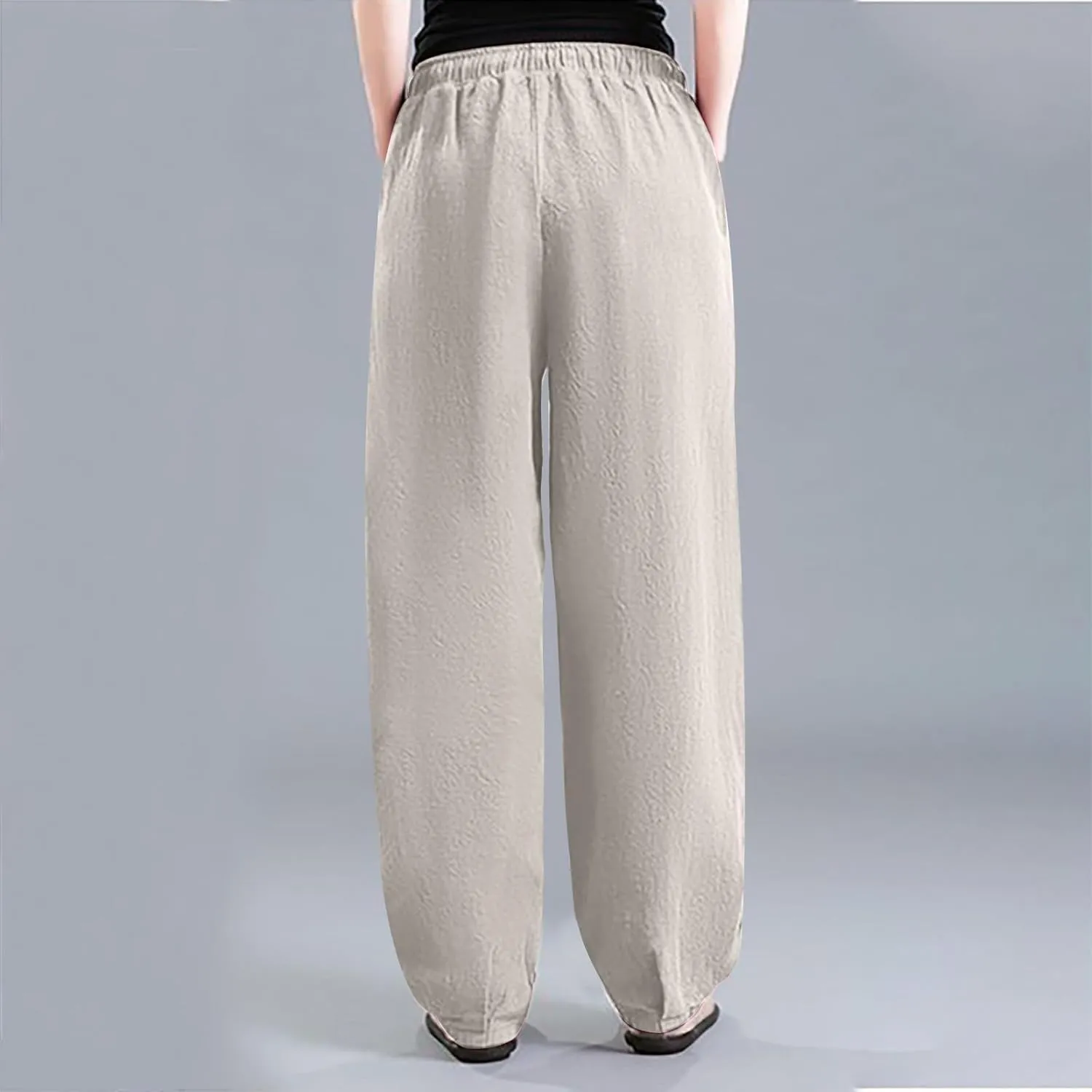 HGps8w Plus Size Linen Pants for Women Casual Loose Wide Leg High Waisted Pants Comfy Solid Trousers with Pockets
