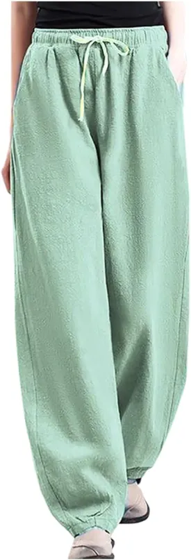 HGps8w Plus Size Linen Pants for Women Casual Loose Wide Leg High Waisted Pants Comfy Solid Trousers with Pockets