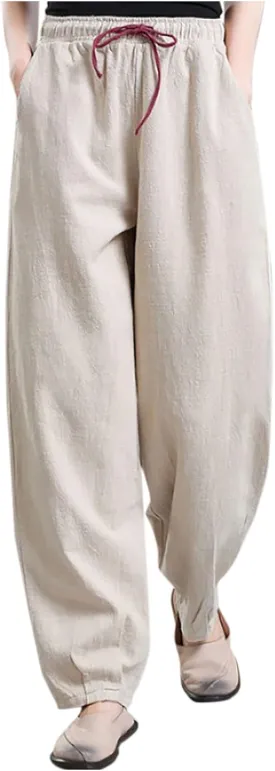 HGps8w Plus Size Linen Pants for Women Casual Loose Wide Leg High Waisted Pants Comfy Solid Trousers with Pockets