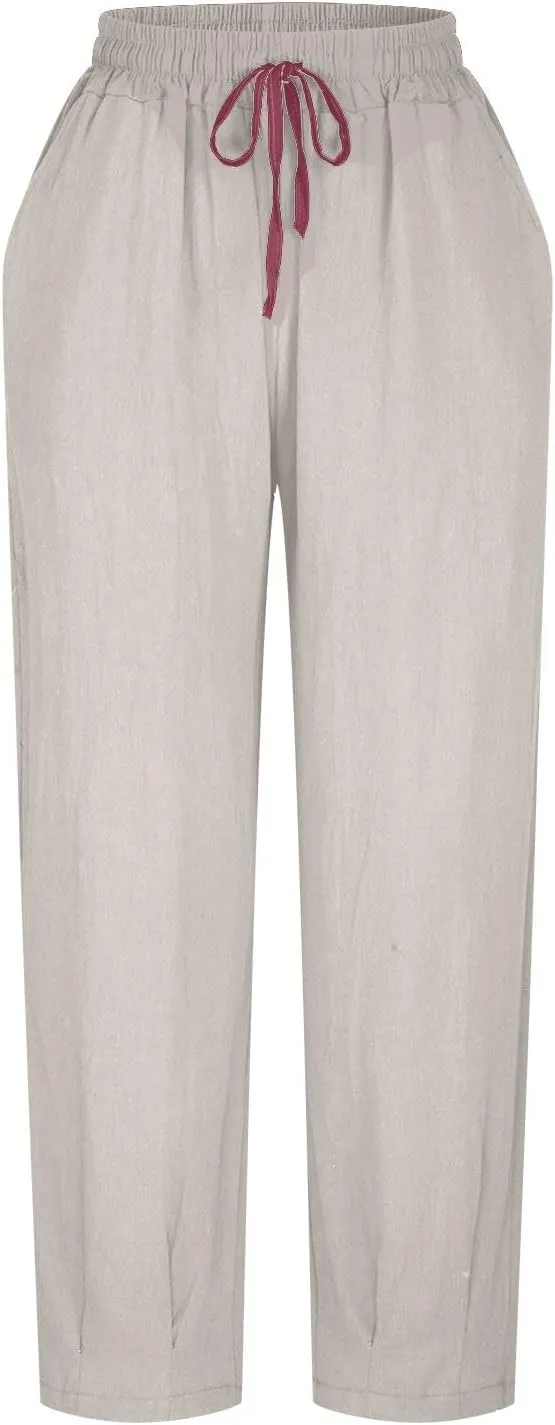 HGps8w Plus Size Linen Pants for Women Casual Loose Wide Leg High Waisted Pants Comfy Solid Trousers with Pockets
