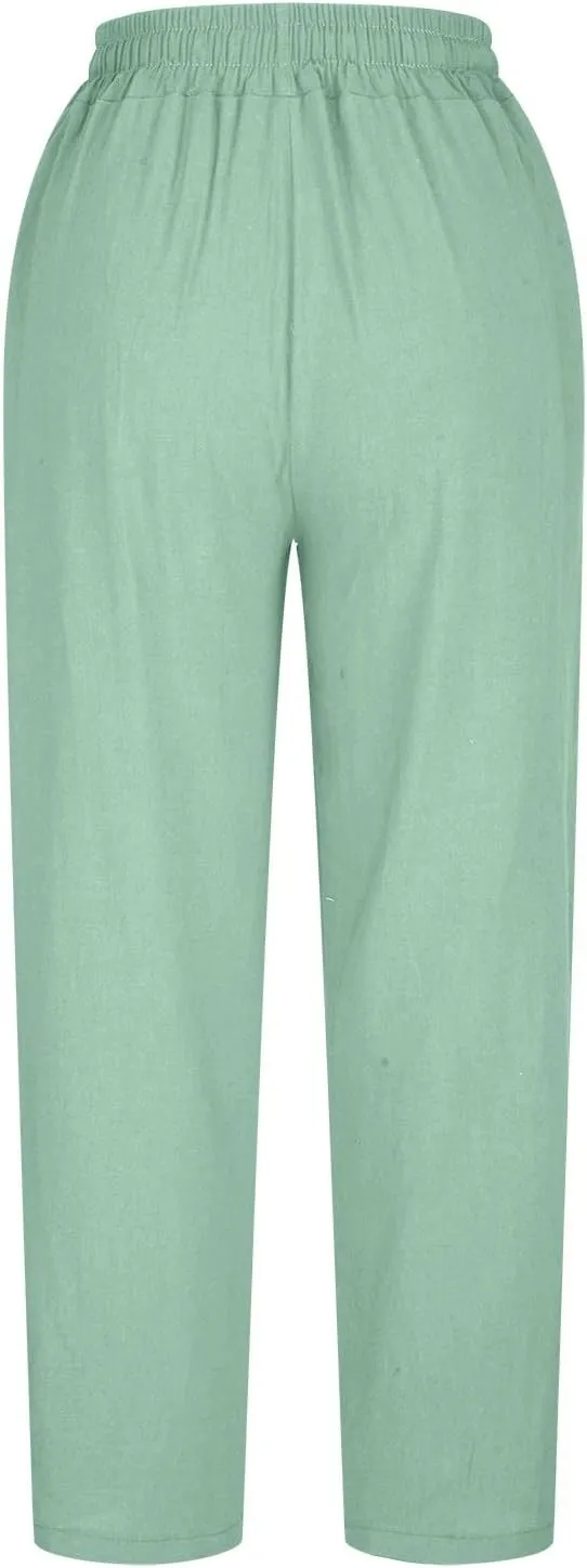 HGps8w Plus Size Linen Pants for Women Casual Loose Wide Leg High Waisted Pants Comfy Solid Trousers with Pockets