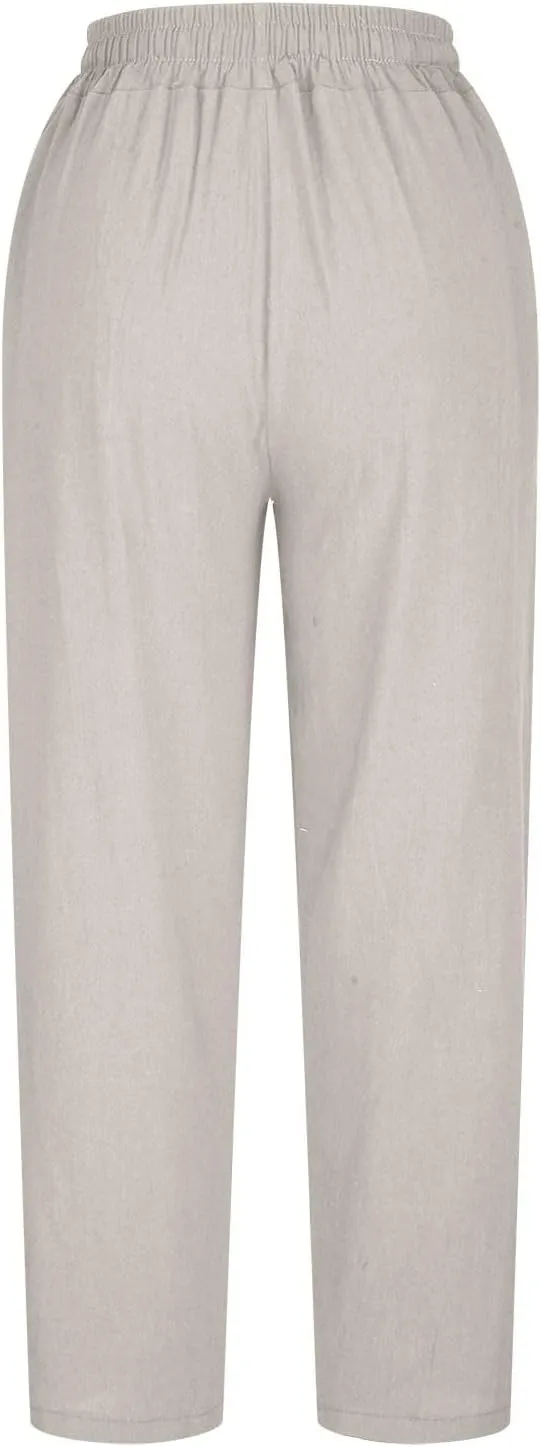 HGps8w Plus Size Linen Pants for Women Casual Loose Wide Leg High Waisted Pants Comfy Solid Trousers with Pockets