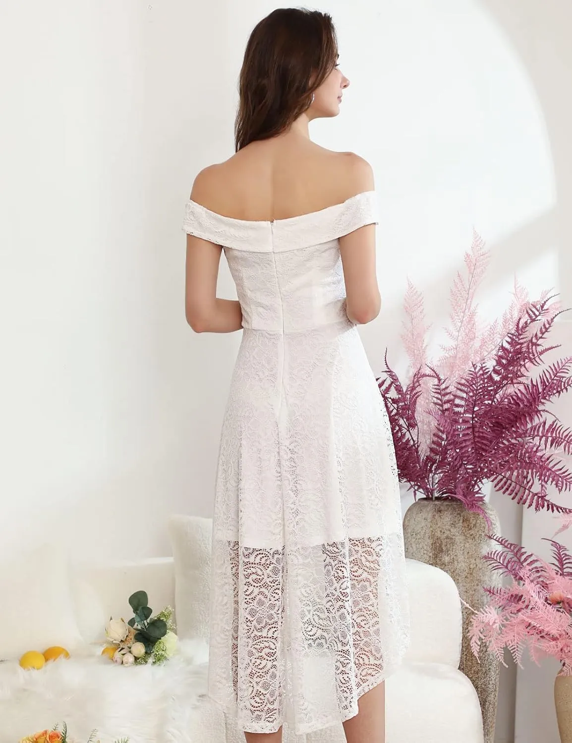 HomRain Women's Elegant Floral Lace Dress Off The Shoulder High Low Hem Dresses for Wedding for Cocktail for Party