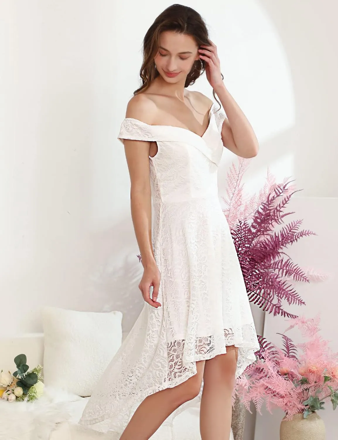 HomRain Women's Elegant Floral Lace Dress Off The Shoulder High Low Hem Dresses for Wedding for Cocktail for Party