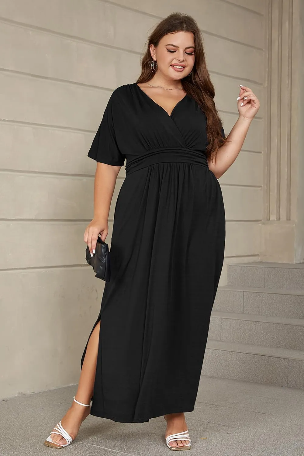 Keluummi Plus Size Wedding Guest Maxi Dress for Curvy Women, Summer Casual Floral Empire Waist 3/4 Sleeve Long Cocktail Dress