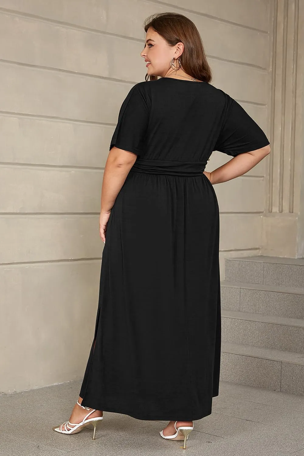 Keluummi Plus Size Wedding Guest Maxi Dress for Curvy Women, Summer Casual Floral Empire Waist 3/4 Sleeve Long Cocktail Dress
