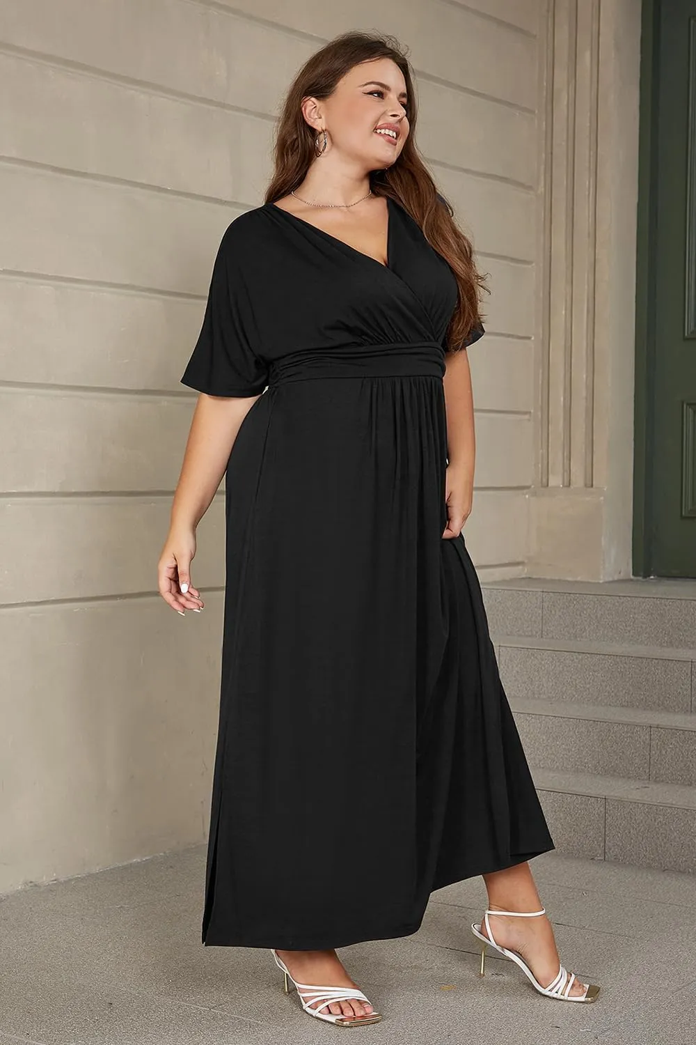 Keluummi Plus Size Wedding Guest Maxi Dress for Curvy Women, Summer Casual Floral Empire Waist 3/4 Sleeve Long Cocktail Dress