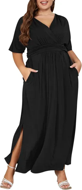Keluummi Plus Size Wedding Guest Maxi Dress for Curvy Women, Summer Casual Floral Empire Waist 3/4 Sleeve Long Cocktail Dress