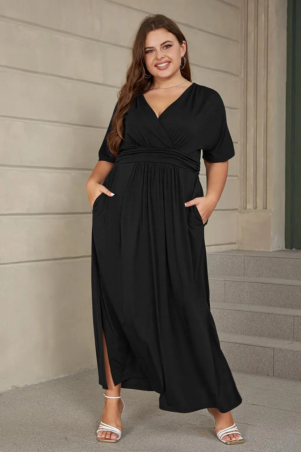 Keluummi Plus Size Wedding Guest Maxi Dress for Curvy Women, Summer Casual Floral Empire Waist 3/4 Sleeve Long Cocktail Dress