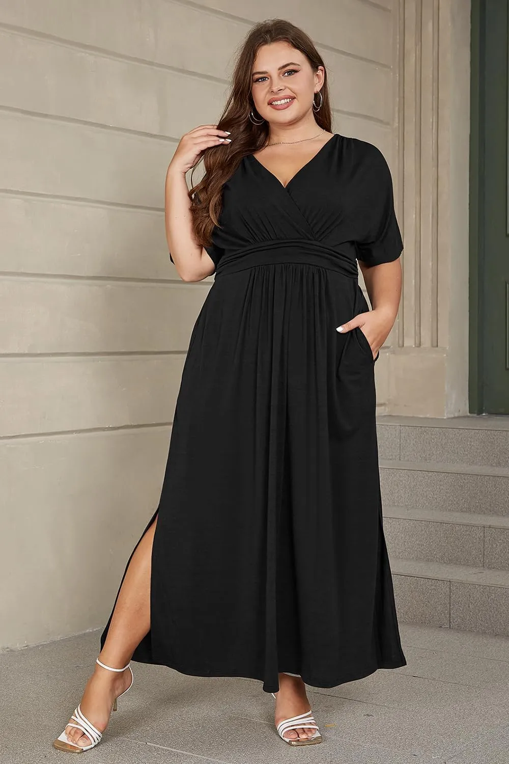 Keluummi Plus Size Wedding Guest Maxi Dress for Curvy Women, Summer Casual Floral Empire Waist 3/4 Sleeve Long Cocktail Dress