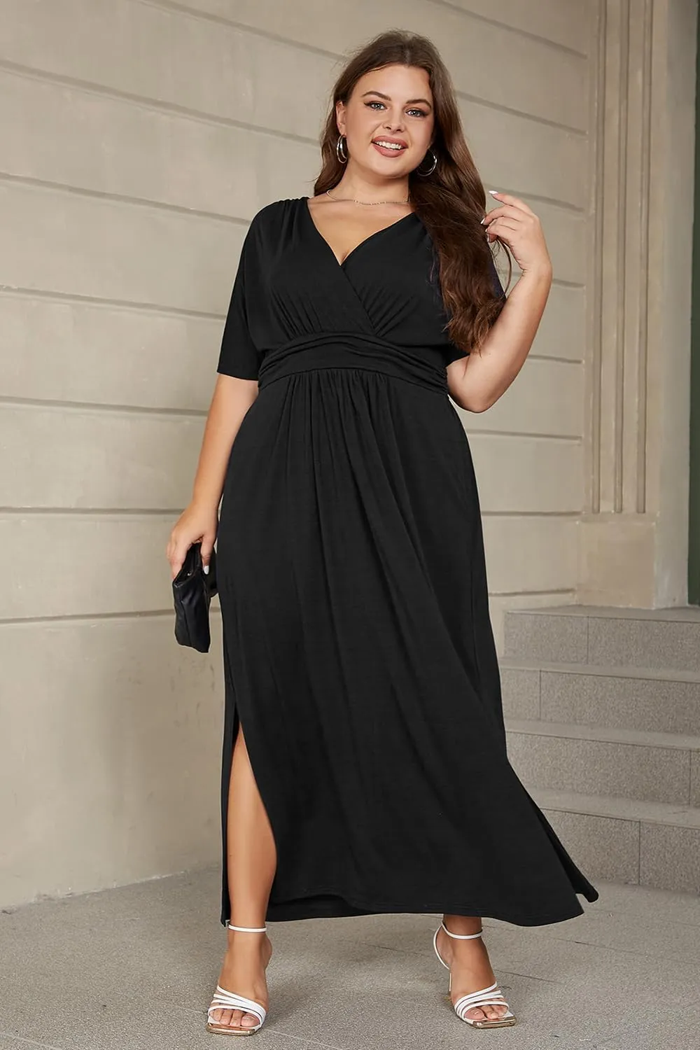 Keluummi Plus Size Wedding Guest Maxi Dress for Curvy Women, Summer Casual Floral Empire Waist 3/4 Sleeve Long Cocktail Dress