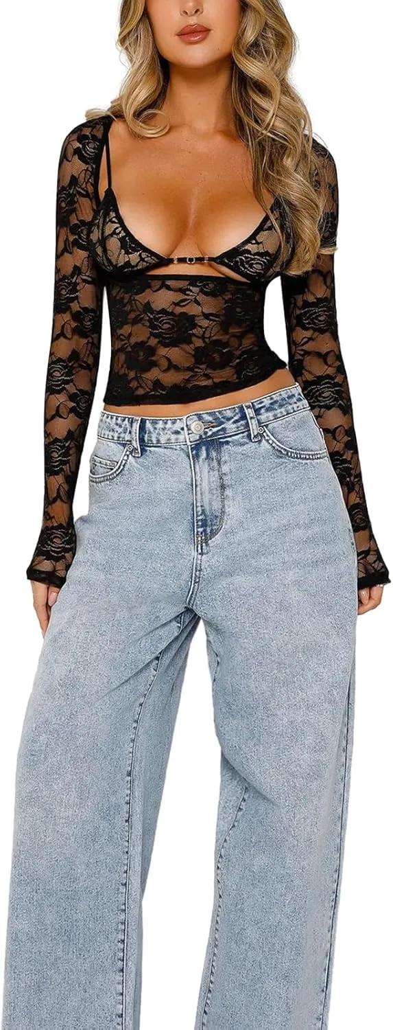Kimydreama Women Mesh See Through T Shirt Lace Floral Long Sleeve Low Cut Crop Tops Sexy Sheer Blouse with Bra Streetwear