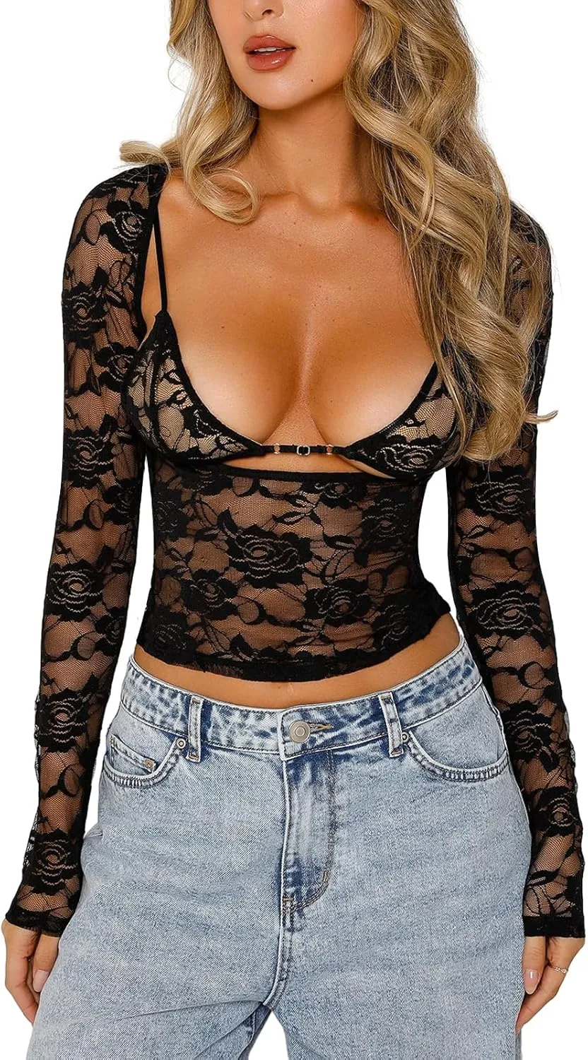 Kimydreama Women Mesh See Through T Shirt Lace Floral Long Sleeve Low Cut Crop Tops Sexy Sheer Blouse with Bra Streetwear