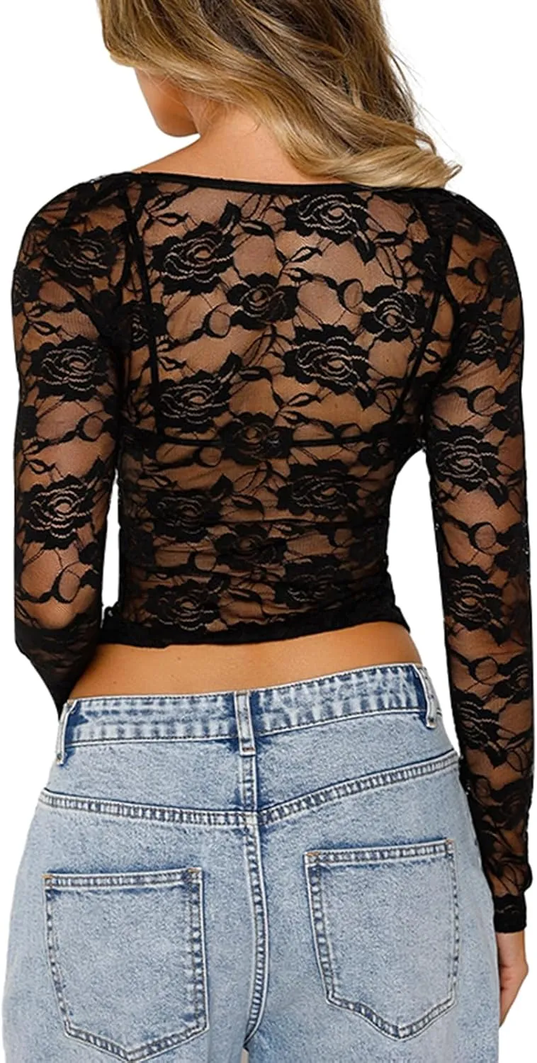 Kimydreama Women Mesh See Through T Shirt Lace Floral Long Sleeve Low Cut Crop Tops Sexy Sheer Blouse with Bra Streetwear