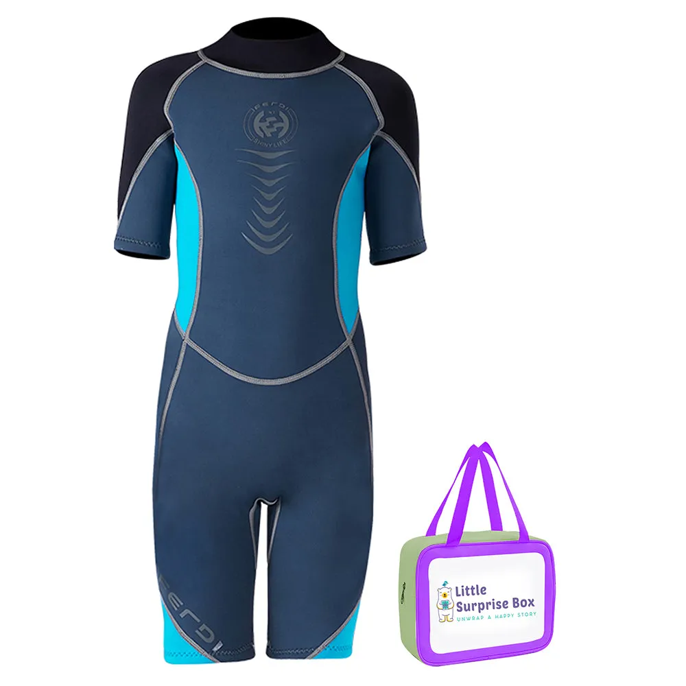 Little Surprise Box Colorblock Black & Light Blue 2.5mm Neoprene Knee Length Kids Swimsuit, Half Sleeves Swimwear