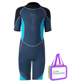 Little Surprise Box Colorblock Black & Light Blue 2.5mm Neoprene Knee Length Kids Swimsuit, Half Sleeves Swimwear