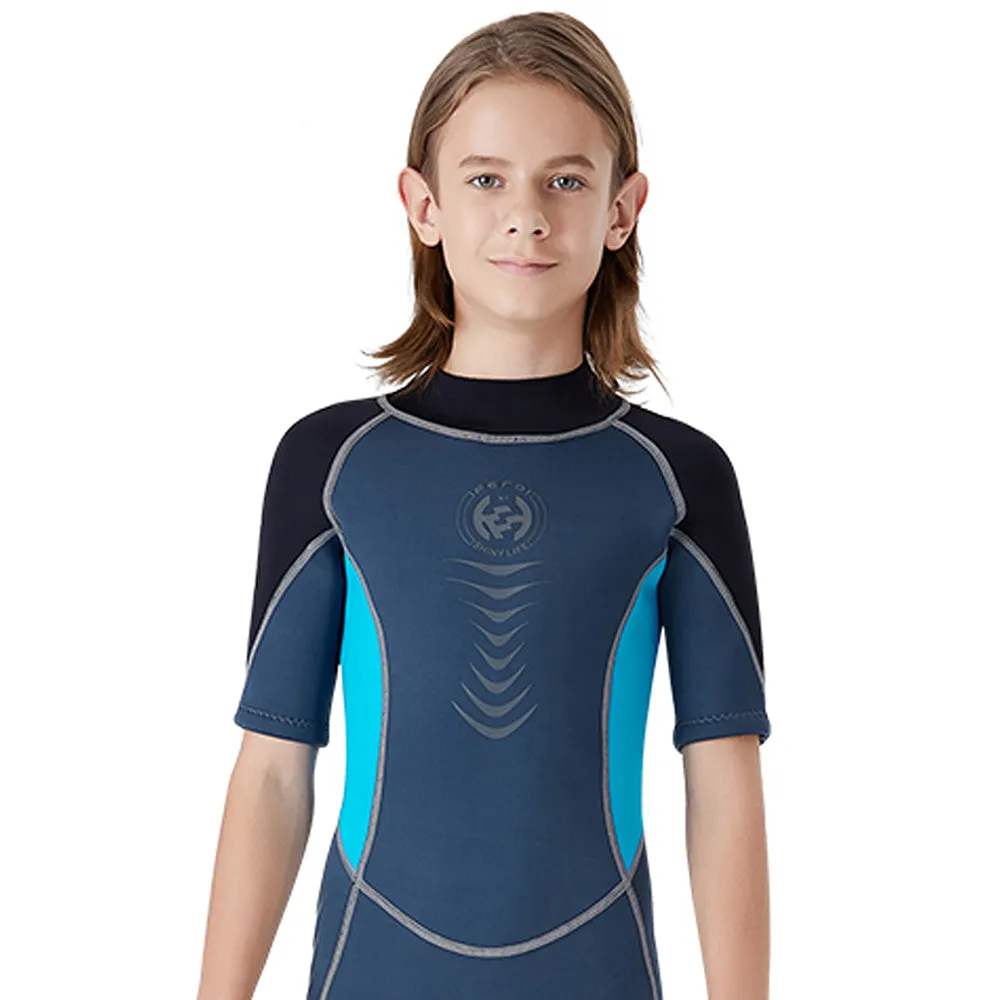 Little Surprise Box Colorblock Black & Light Blue 2.5mm Neoprene Knee Length Kids Swimsuit, Half Sleeves Swimwear