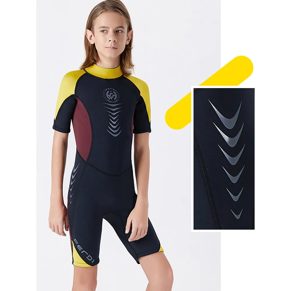 Little Surprise Box Colorblock Yellow & Black 2.5mm Neoprene Knee Length Kids Swimsuit, Half Sleeves Swimwear