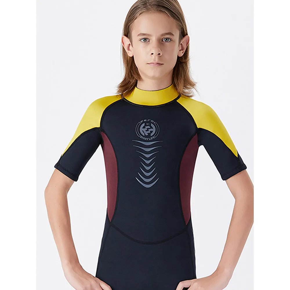 Little Surprise Box Colorblock Yellow & Black 2.5mm Neoprene Knee Length Kids Swimsuit, Half Sleeves Swimwear