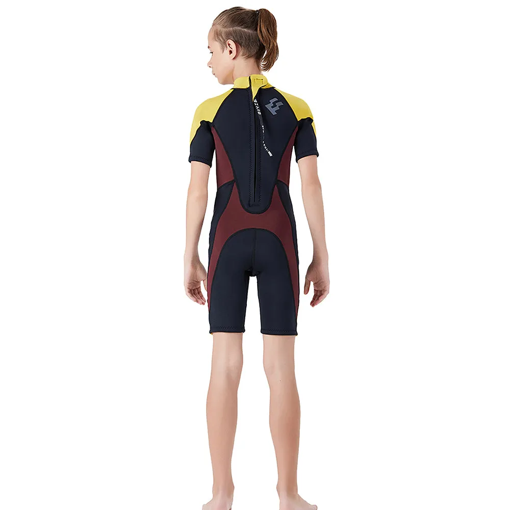 Little Surprise Box Colorblock Yellow & Black 2.5mm Neoprene Knee Length Kids Swimsuit, Half Sleeves Swimwear