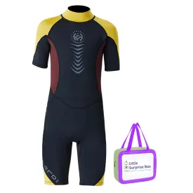 Little Surprise Box Colorblock Yellow & Black 2.5mm Neoprene Knee Length Kids Swimsuit, Half Sleeves Swimwear