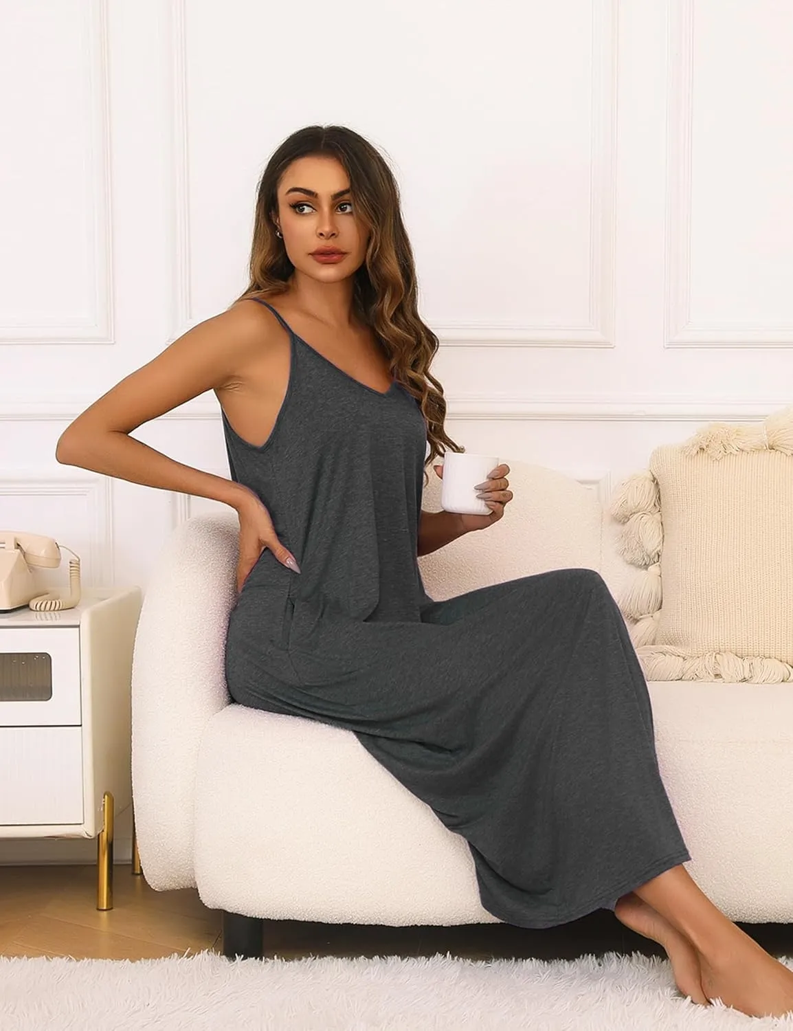 Marvmys Womens Cotton Long Nightgowns Spaghetti Strap V Neck Full Slip Sleep Shirts with Pockets