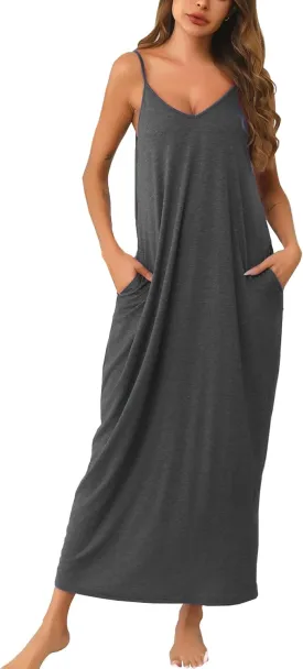 Marvmys Womens Cotton Long Nightgowns Spaghetti Strap V Neck Full Slip Sleep Shirts with Pockets