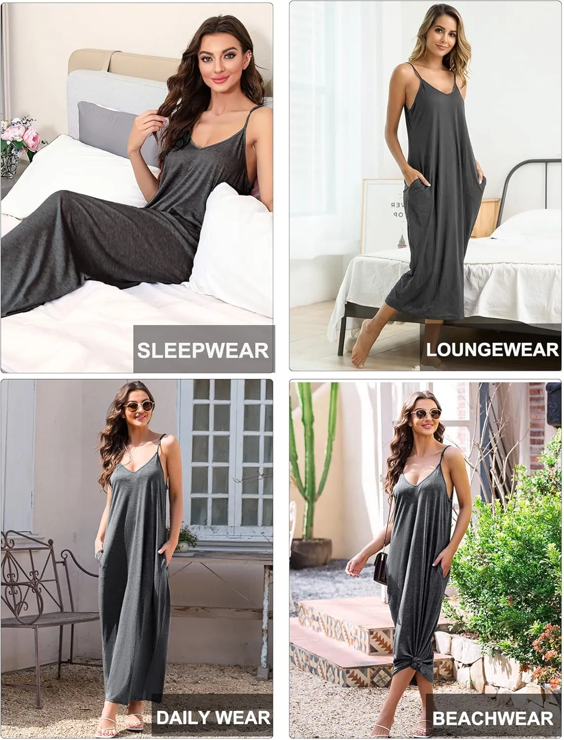Marvmys Womens Cotton Long Nightgowns Spaghetti Strap V Neck Full Slip Sleep Shirts with Pockets