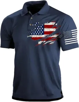 Men American Flag Golf Shirts 4th of July Short Sleeve Performance Moisture Wicking Quick Dry USA Patriotic Polo Shirt