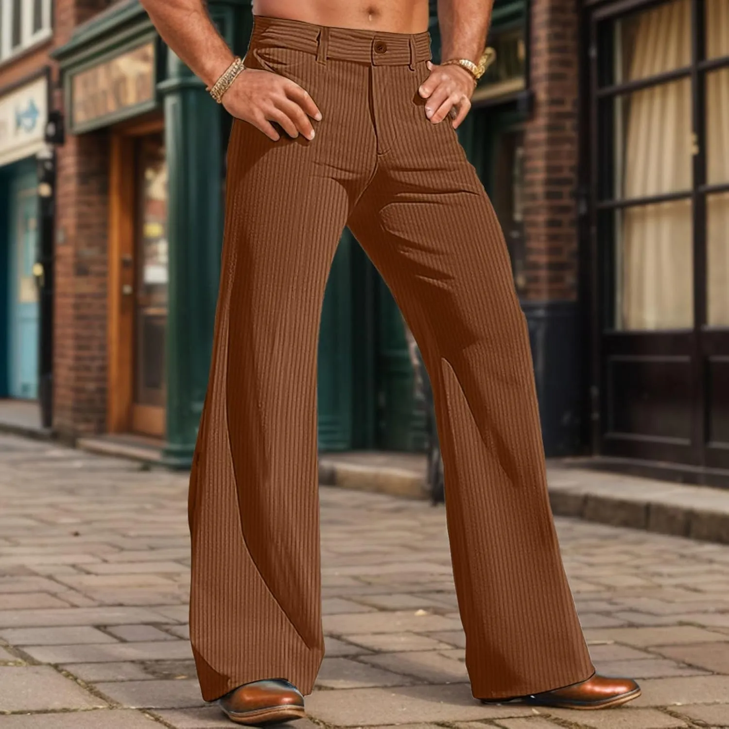Men's Corduroy Flared Pants Breathable Lightweight Flat Front Bell-Bottoms Streetwear Casual Comfy Bootcut Trousers