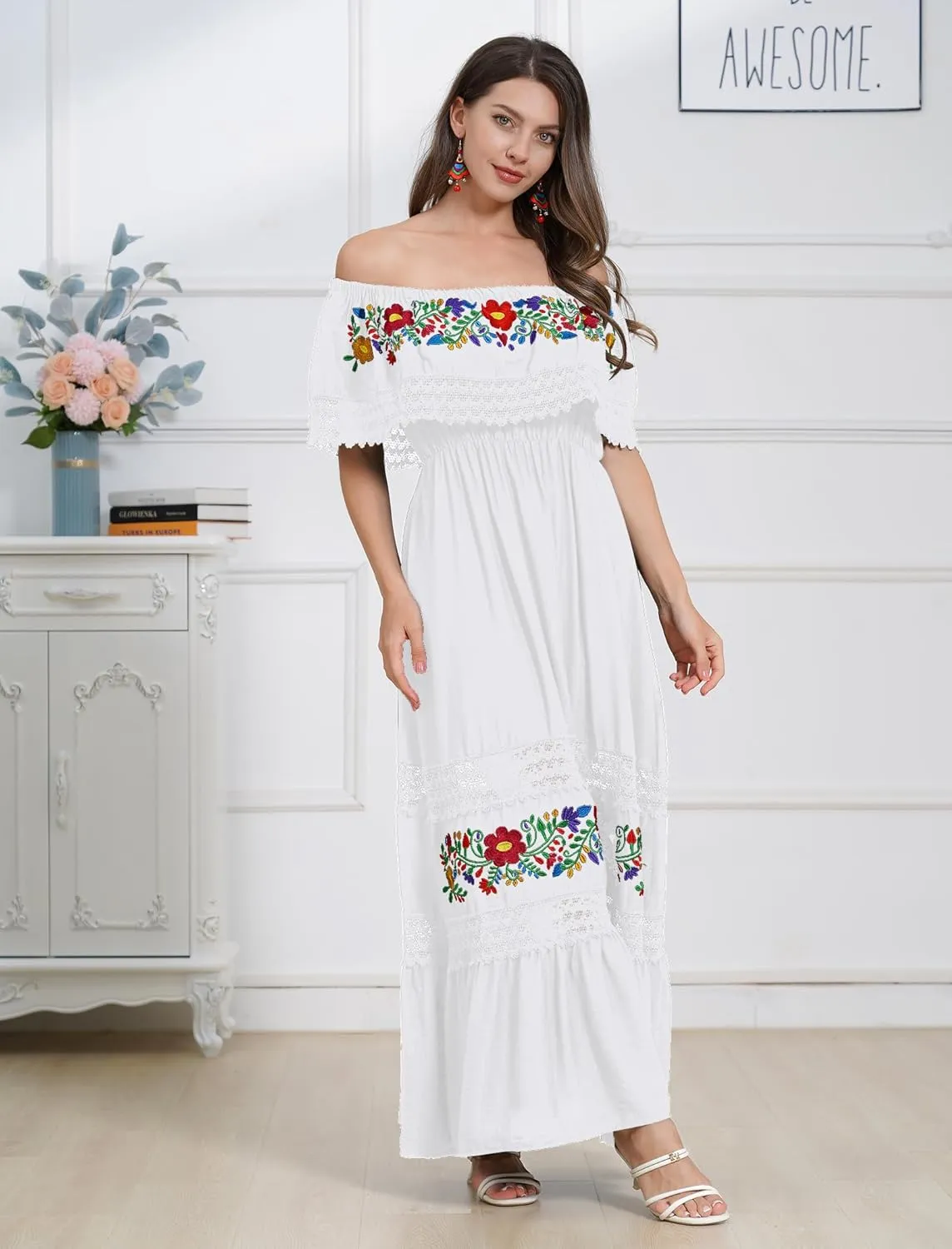 Mexican Dress for Women Floral Embroidery Maxi Off-Shoulder Ruffle Sleeveless Traditional Fiesta Dresses