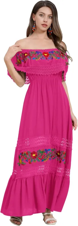 Mexican Dress for Women Floral Embroidery Maxi Off-Shoulder Ruffle Sleeveless Traditional Fiesta Dresses