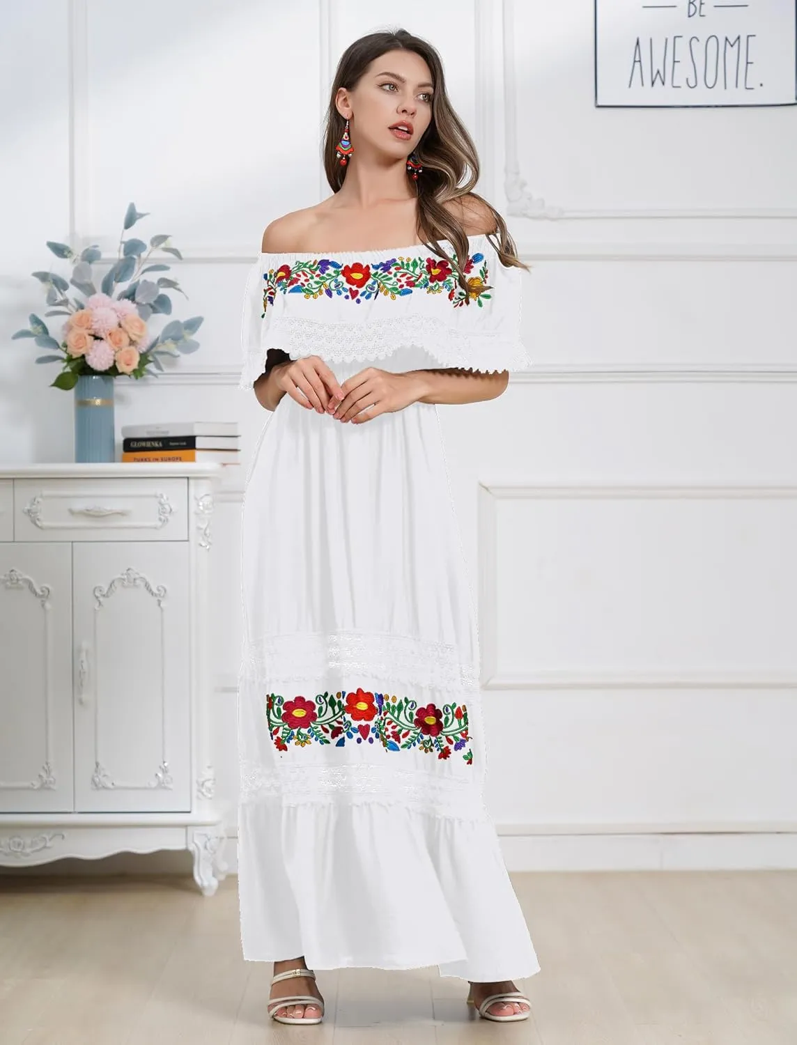 Mexican Dress for Women Floral Embroidery Maxi Off-Shoulder Ruffle Sleeveless Traditional Fiesta Dresses