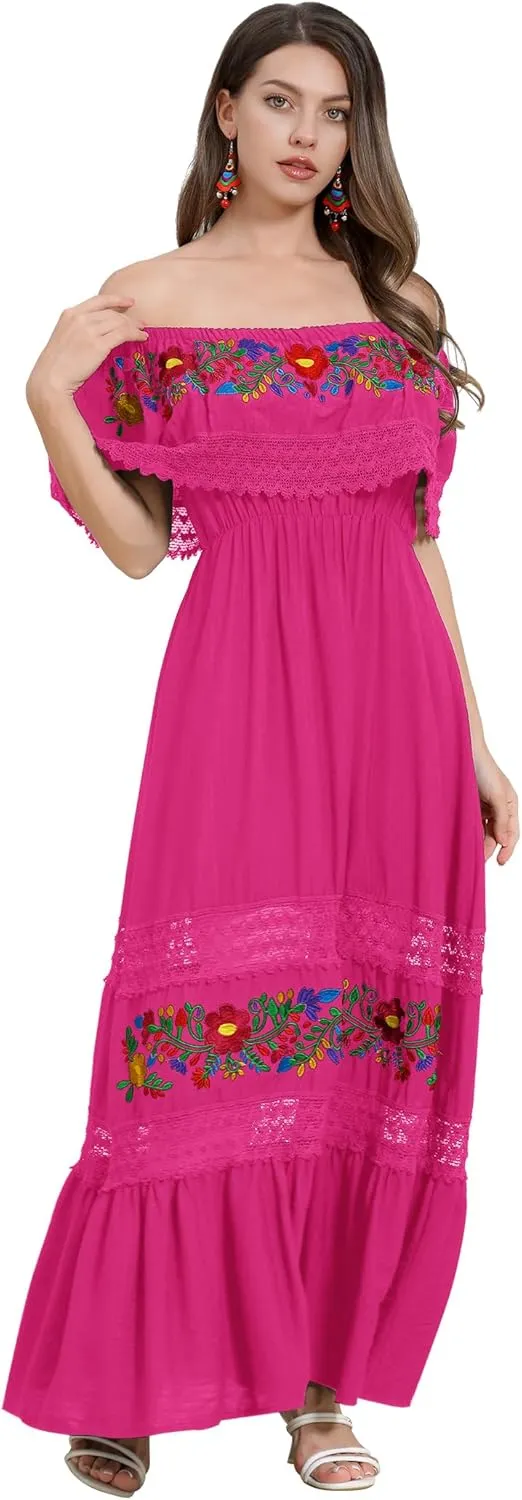 Mexican Dress for Women Floral Embroidery Maxi Off-Shoulder Ruffle Sleeveless Traditional Fiesta Dresses