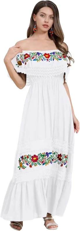 Mexican Dress for Women Floral Embroidery Maxi Off-Shoulder Ruffle Sleeveless Traditional Fiesta Dresses