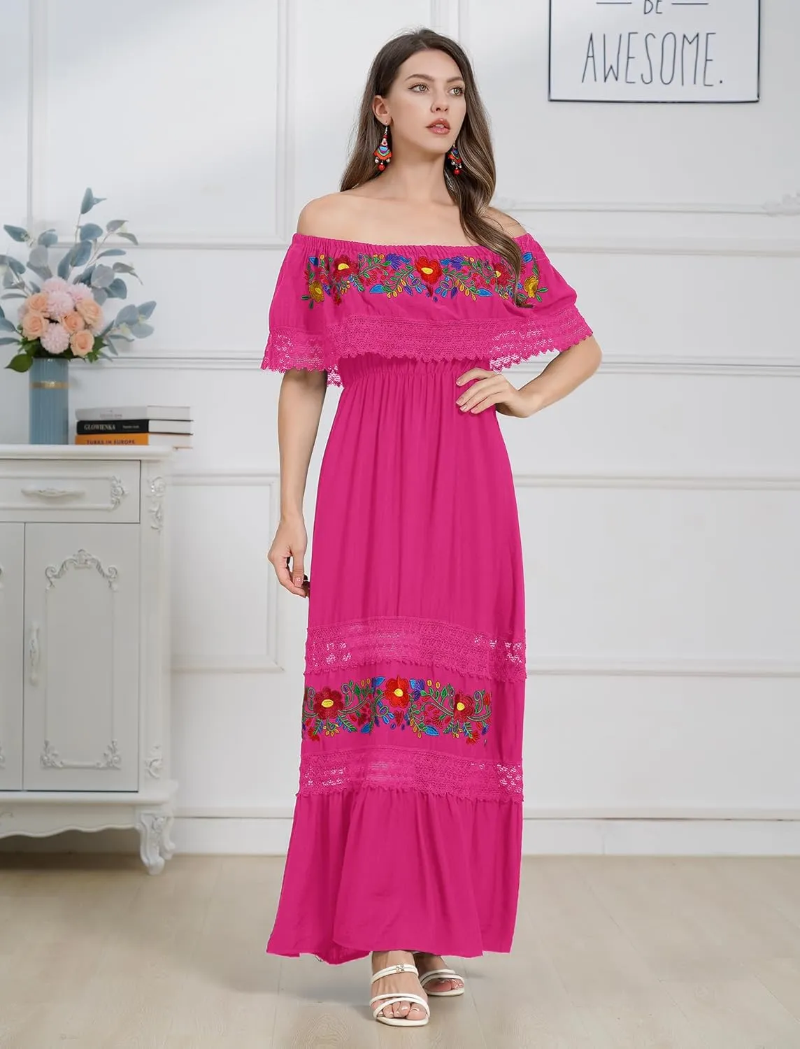 Mexican Dress for Women Floral Embroidery Maxi Off-Shoulder Ruffle Sleeveless Traditional Fiesta Dresses