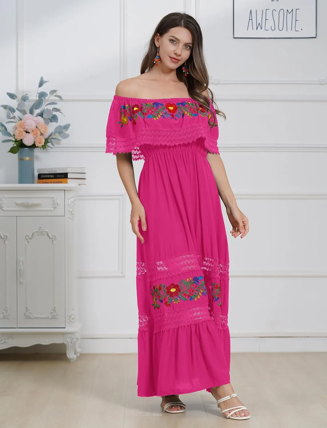 Mexican Dress for Women Floral Embroidery Maxi Off-Shoulder Ruffle Sleeveless Traditional Fiesta Dresses
