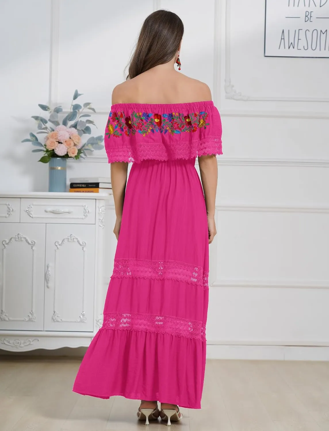 Mexican Dress for Women Floral Embroidery Maxi Off-Shoulder Ruffle Sleeveless Traditional Fiesta Dresses
