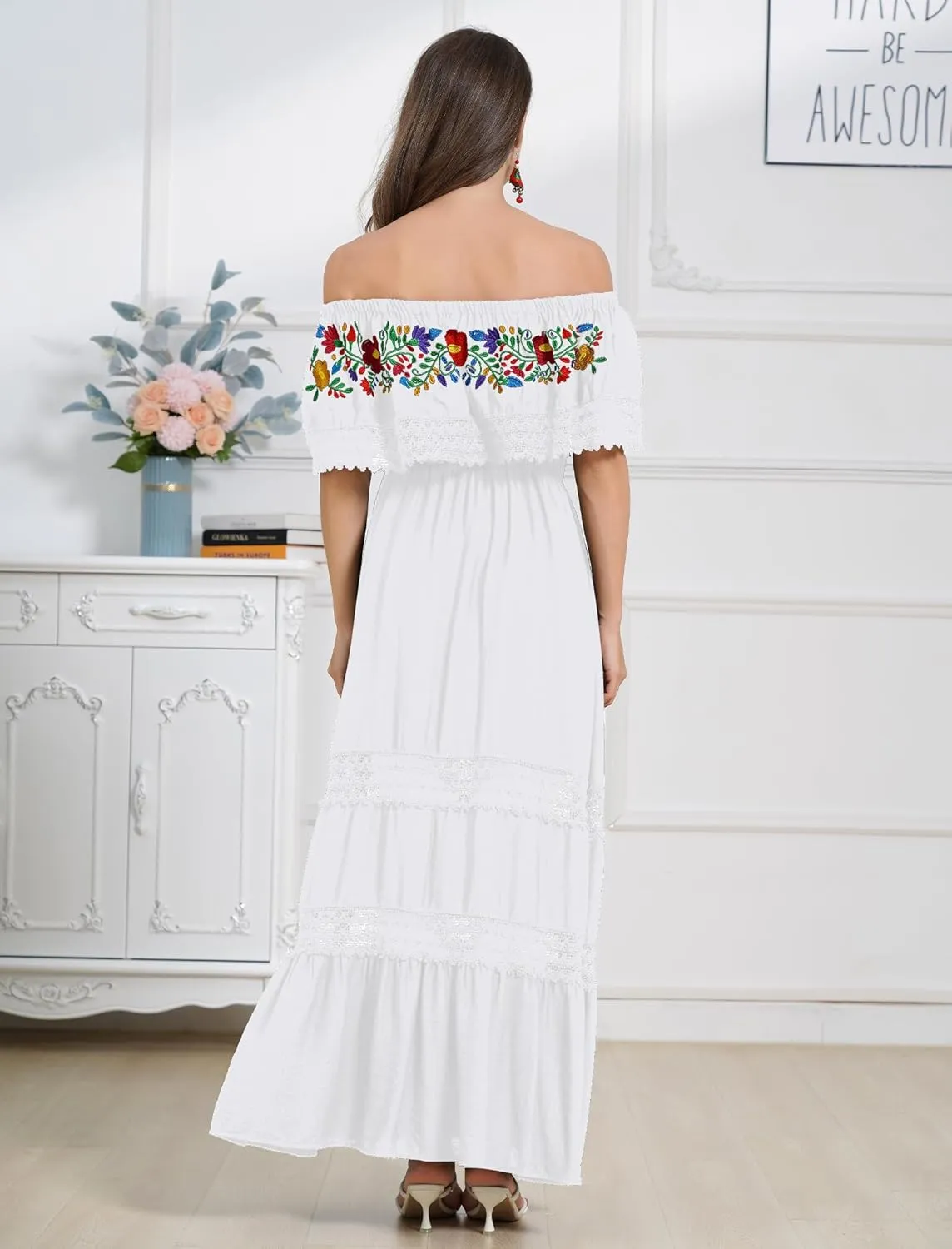 Mexican Dress for Women Floral Embroidery Maxi Off-Shoulder Ruffle Sleeveless Traditional Fiesta Dresses