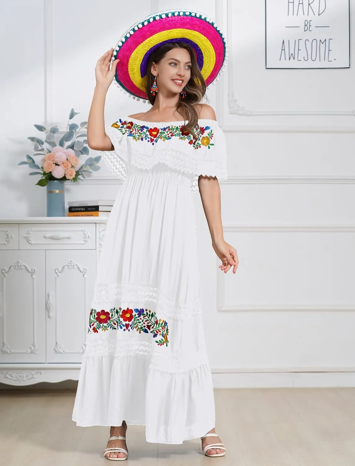 Mexican Dress for Women Floral Embroidery Maxi Off-Shoulder Ruffle Sleeveless Traditional Fiesta Dresses