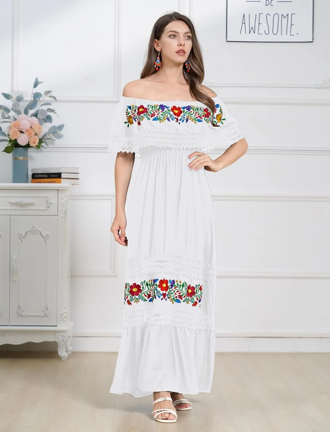 Mexican Dress for Women Floral Embroidery Maxi Off-Shoulder Ruffle Sleeveless Traditional Fiesta Dresses