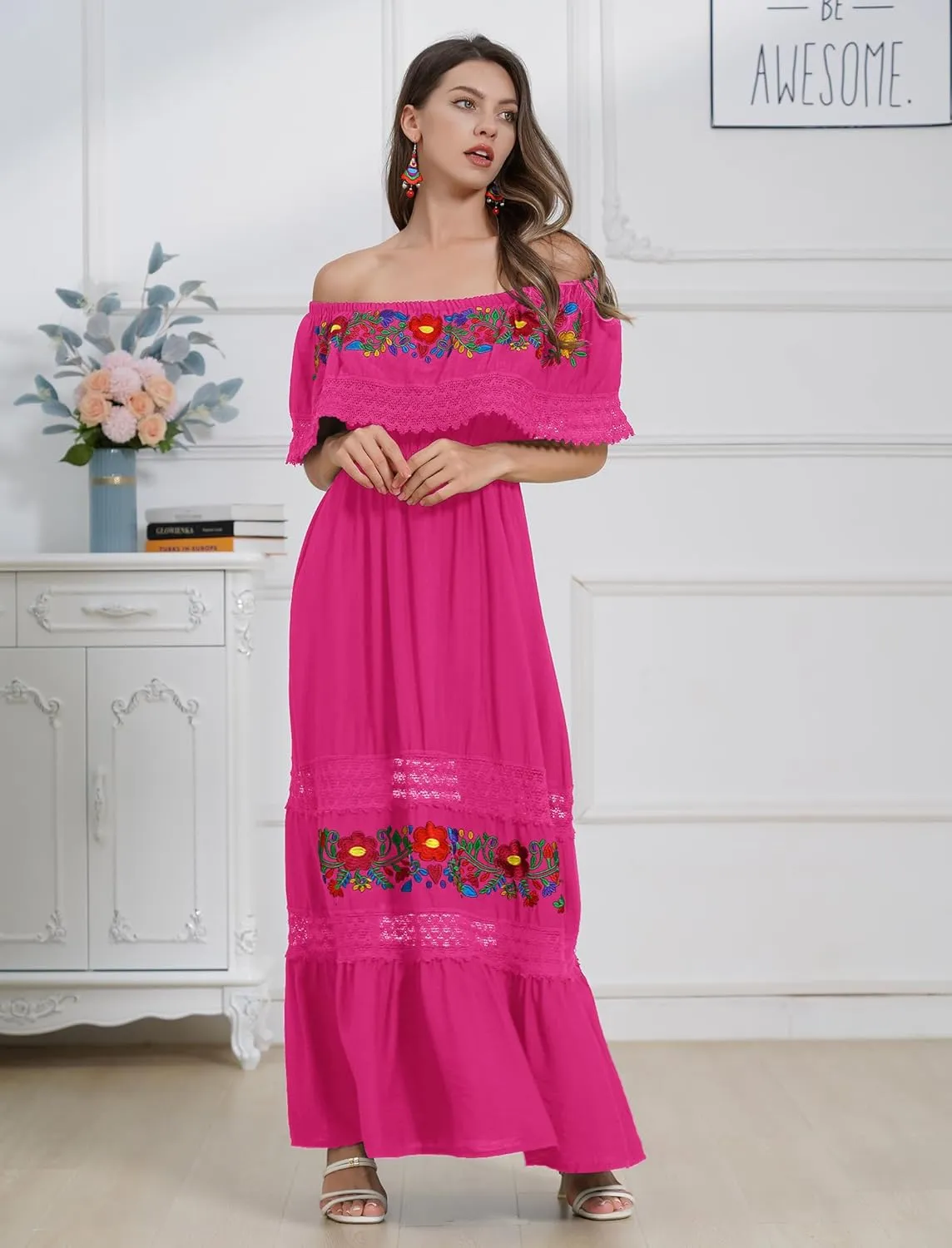 Mexican Dress for Women Floral Embroidery Maxi Off-Shoulder Ruffle Sleeveless Traditional Fiesta Dresses