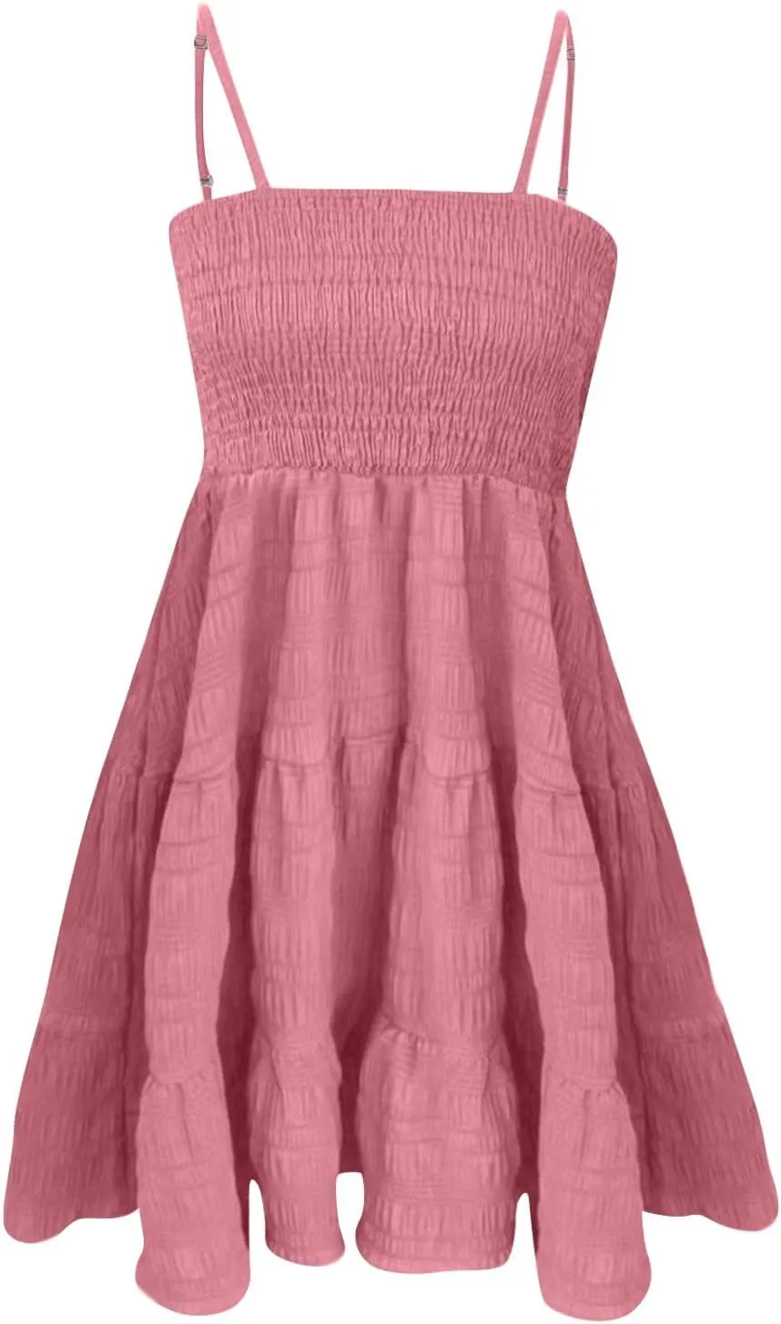 Mini Sundresses for Women Smocked Square Neck Spaghetti Strap Skater Dress Summer Loose Comfy Tiered Ruffle Dress