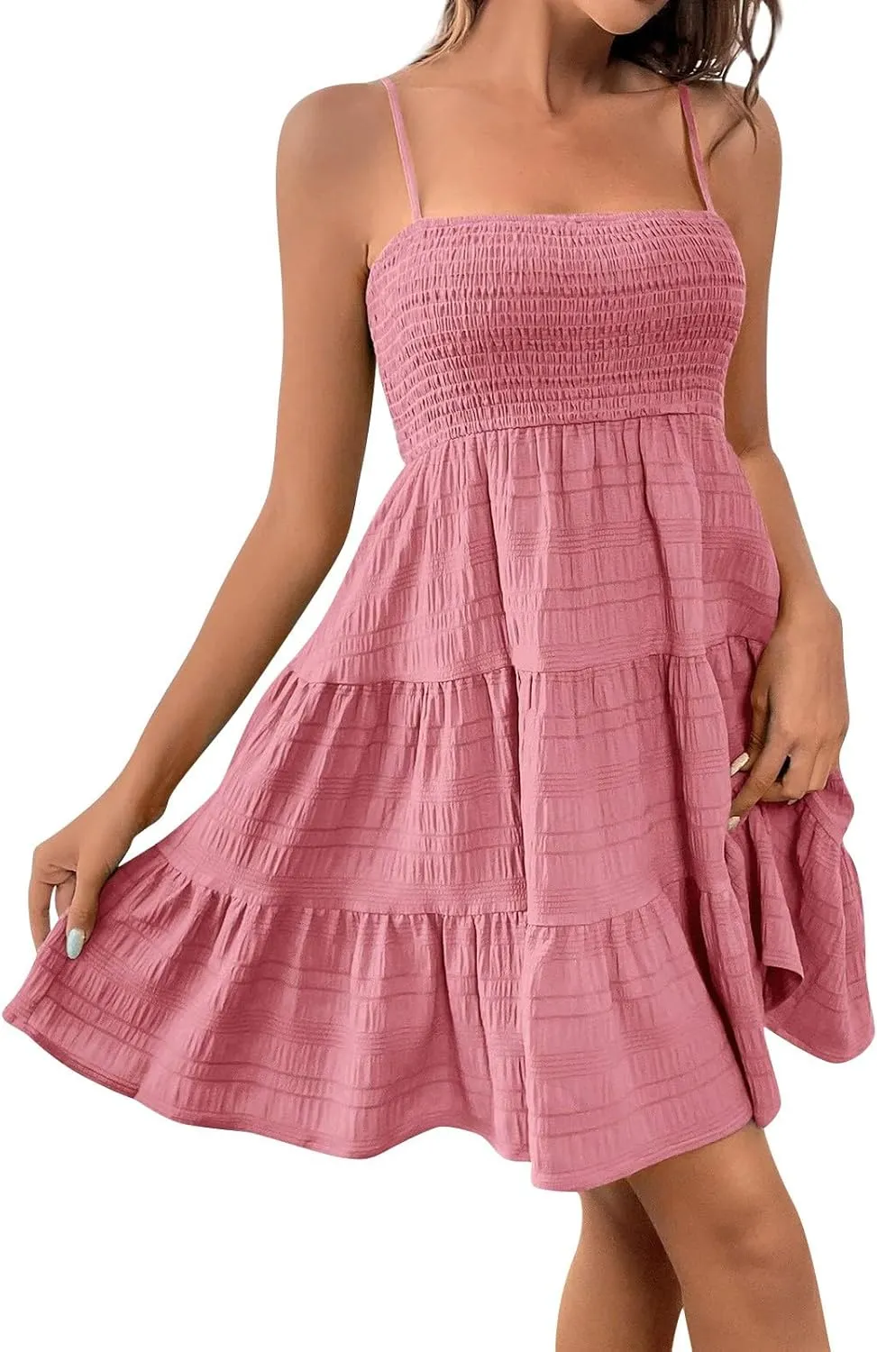 Mini Sundresses for Women Smocked Square Neck Spaghetti Strap Skater Dress Summer Loose Comfy Tiered Ruffle Dress