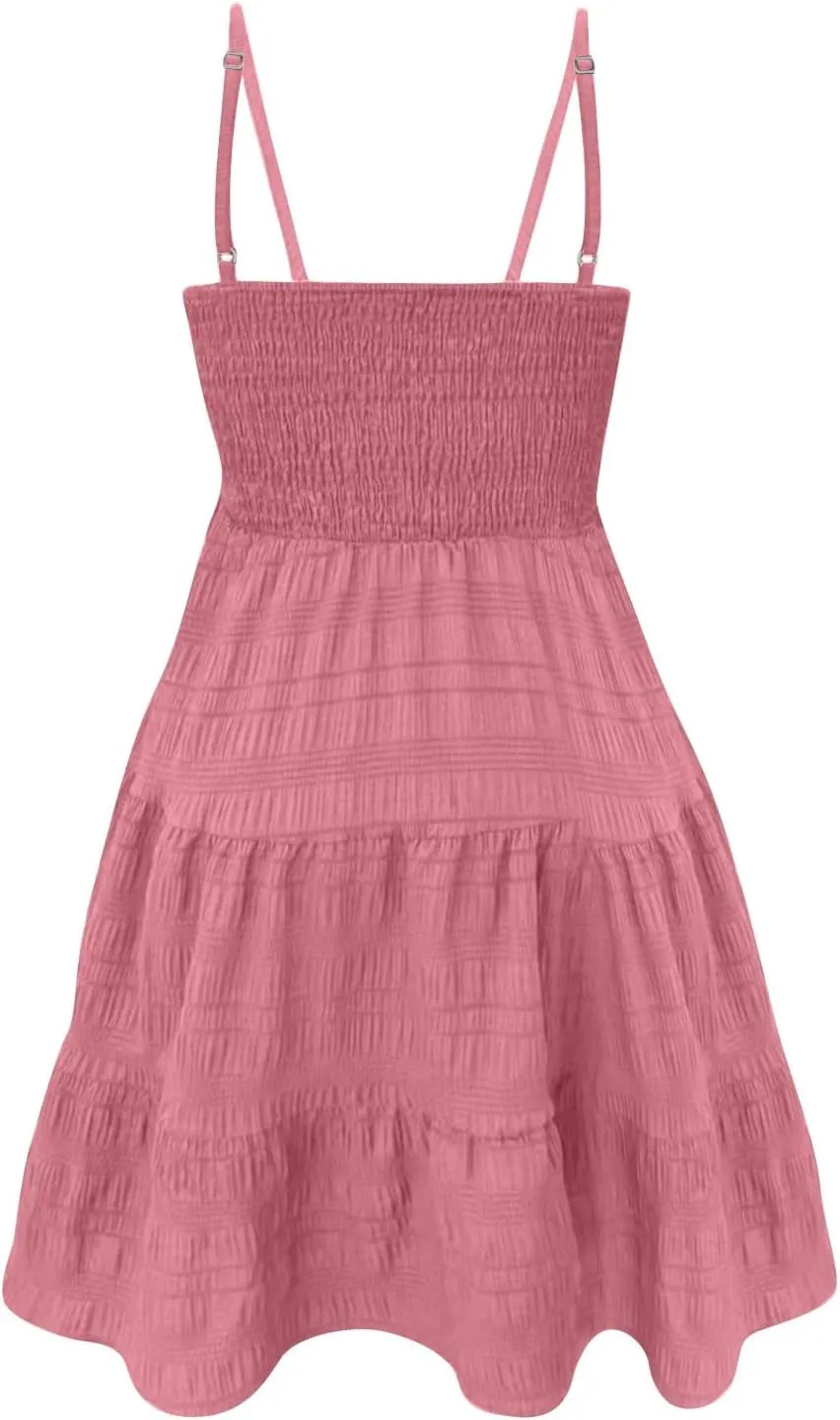 Mini Sundresses for Women Smocked Square Neck Spaghetti Strap Skater Dress Summer Loose Comfy Tiered Ruffle Dress