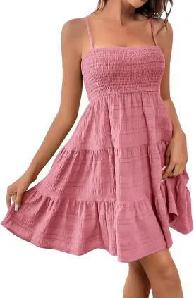 Mini Sundresses for Women Smocked Square Neck Spaghetti Strap Skater Dress Summer Loose Comfy Tiered Ruffle Dress