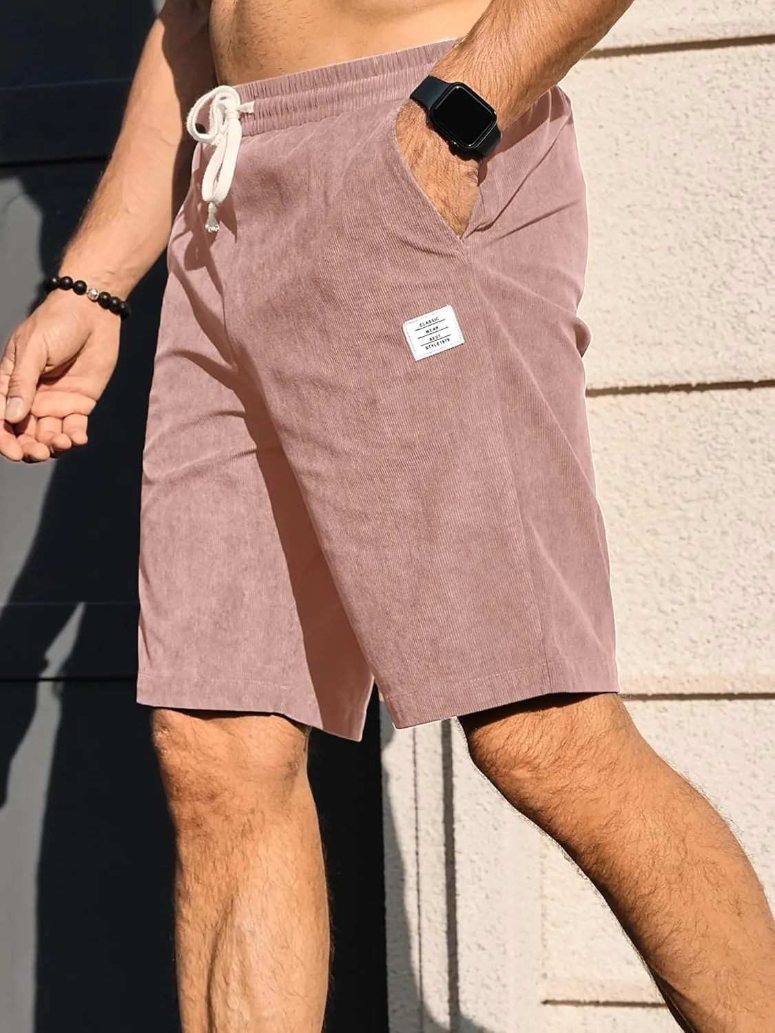 PLEPAN Mens Shorts 7 inch Corduroy Casual Short Drawstring Elastic Waist Lightweight Summer Beach Shorts Loose Fit